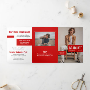 Blocks of Red Four-Photo Graduation Tri-Fold Invitation