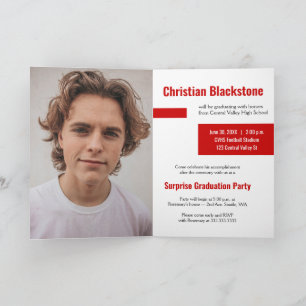 Blocks of Red Three-Photo Graduation Invitation
