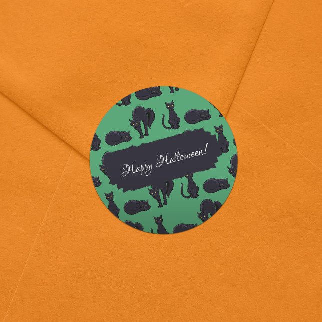 Blocky Black Cats Halloween Pixel Art Pattern Classic Round Sticker (Creator Uploaded)