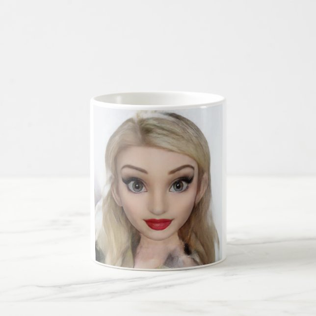 Blond cartoon doll red lipstick coffee mug (Center)