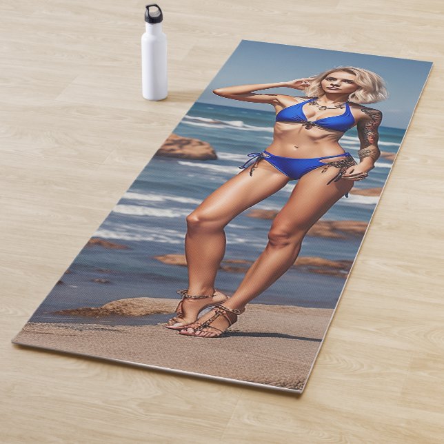 Blond fitness bikini girl posing Yoga Mat (In Situ)