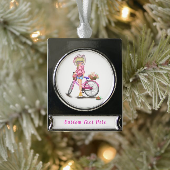 Blond Girl Christmas Ornament Pink Bike Your Text (Tree)