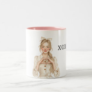 Blond Girl Heart Hands XOXO Two-Tone Coffee Mug