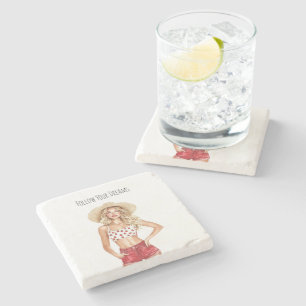 Blond Hair Girl Red Shorts Cherries Top Stone Coaster