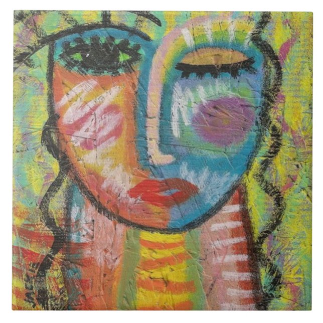 Blonde Abstract Acrylic Portrait on OSB Ceramic Tile (Front)