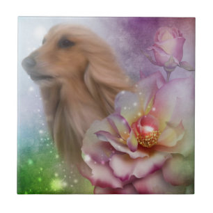 Blonde Afghan Hound Flowers Dog Tile