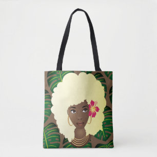 Blonde Afro Flower in Hair Tropical Leaves Pattern Tote Bag