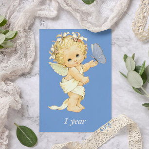 Blonde Angel baby with a butterfly. One year Cake  Holiday Card