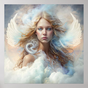 Blonde Angel Portrait with White Wings and Clouds Poster