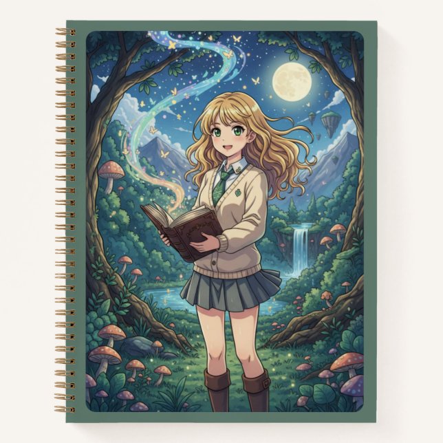 Blonde Anime Girl & Enchanted Forest Magic Journal (Front)