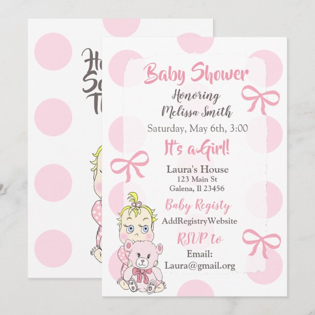 Blonde Baby Girl with Teddy Bear Baby showier Invitation (Front/Back)
