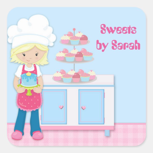 Blonde Baker, Chef Hat, Pink Square Sticker (Front)