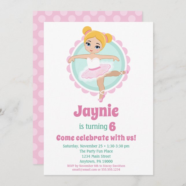 Blonde Ballerina Ballet Dancing Birthday Party Invitation (Front/Back)