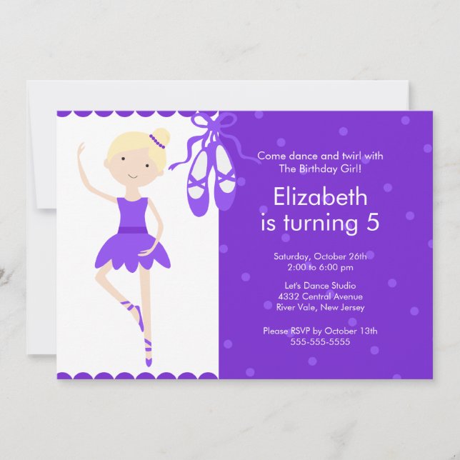 Blonde Ballerina Dance Birthday Invitation Purple (Front)