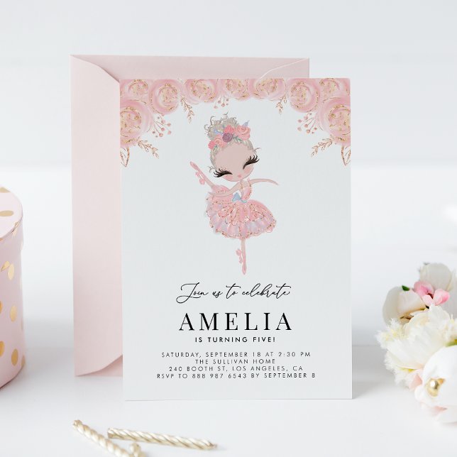Blonde Ballerina in Pink Dress Floral Birthday Invitation (Creator Uploaded)