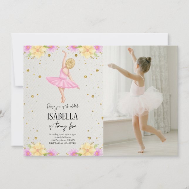 Blonde Ballerina in Pink Dress Photo Invitation (Front)