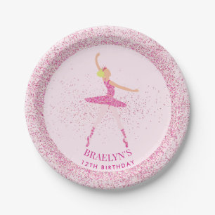 Blonde Ballerina in Pink Glitter Dress Birthday Paper Plate
