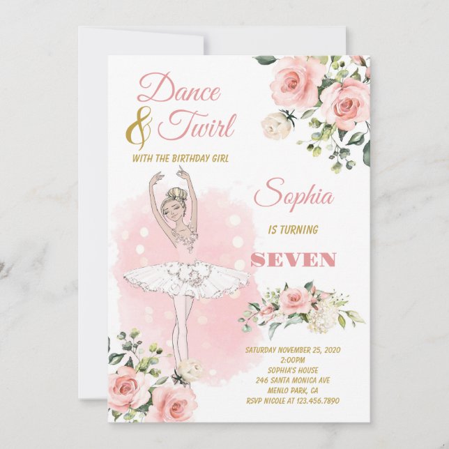 Blonde Ballerina in White Dress Floral Birthday Invitation (Front)