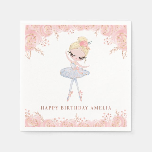 Blonde Ballerina in White Dress Floral Birthday Napkin (Front)