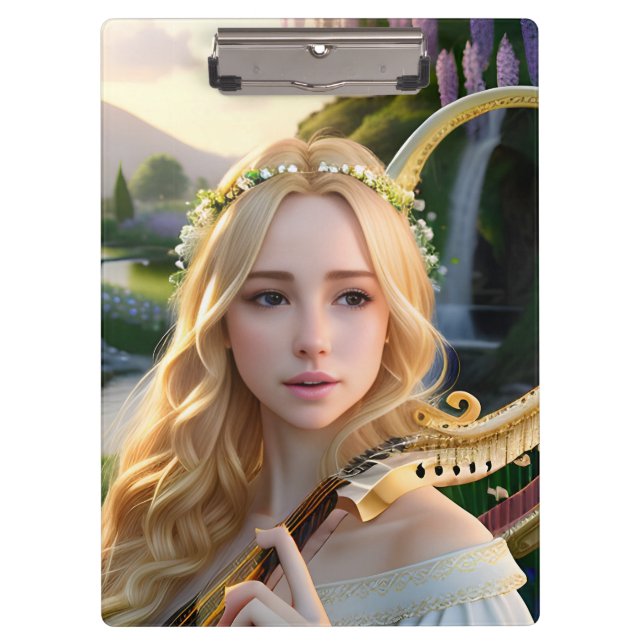 Blonde Beautiful Muse Playing a Harp Clipboard (Front)