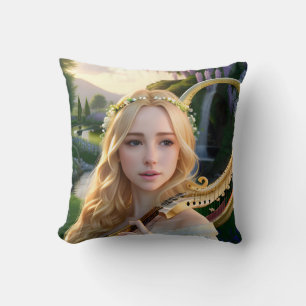 Blonde Beautiful Muse Playing a Harp Cushion