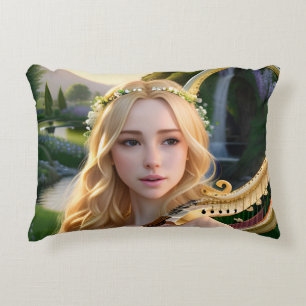 Blonde Beautiful Muse Playing a Harp Decorative Cushion