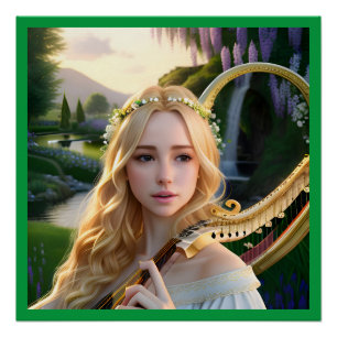 Blonde Beautiful Muse Playing a Harp Poster
