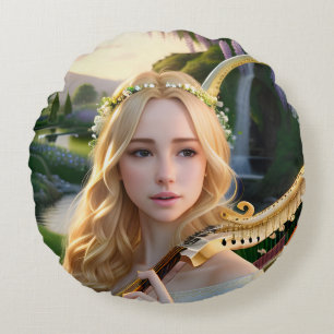 Blonde Beautiful Muse Playing a Harp Round Cushion