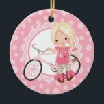 Blonde Bicycle Girl - Pink White Ceramic Ornament<br><div class="desc">This design features a cute blonde girl with her pink bicycle. On pink and white cute scallop accent background.</div>