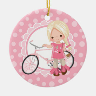 Blonde Bicycle Girl - Pink White Ceramic Ornament