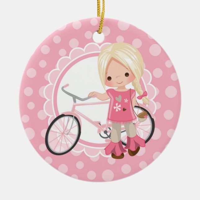 Blonde Bicycle Girl - Pink White Ceramic Ornament (Front)
