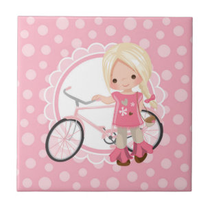 Blonde Bicycle Girl - Pink White Ceramic Tile