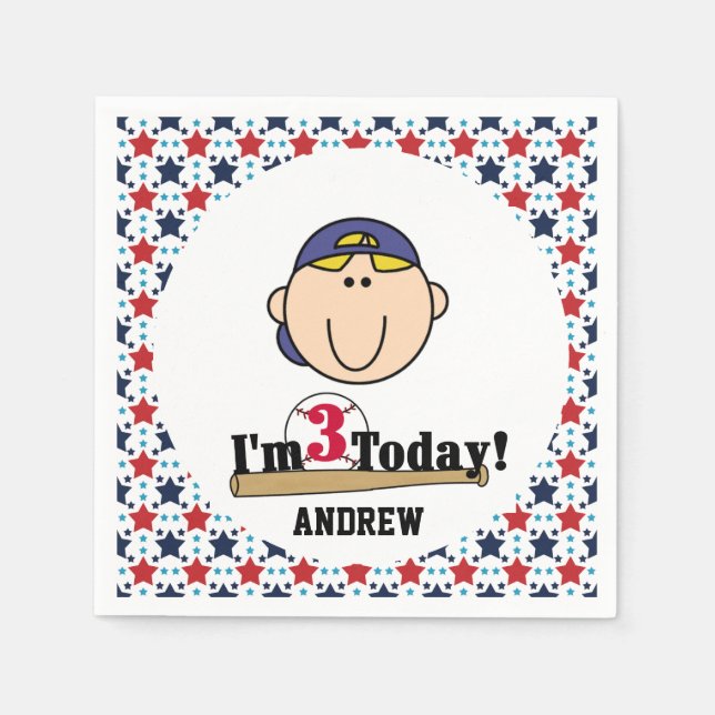 Blonde Boy Baseball 3rd Birthday Paper Napkins (Front)