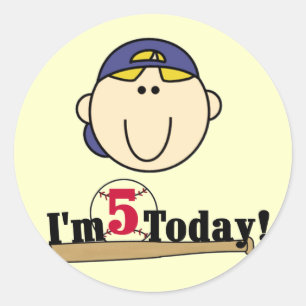 Blonde Boy Baseball 5th Birthday Classic Round Sticker