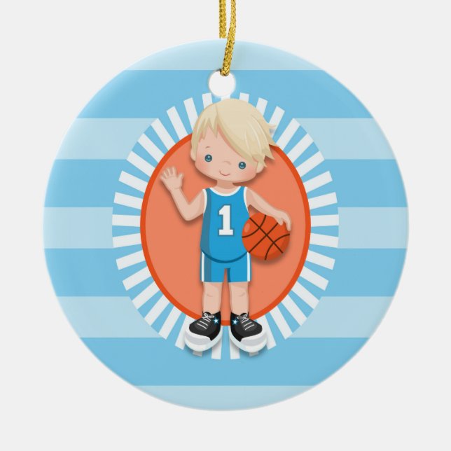 Blonde Boy Basketball Player Ceramic Ornament (Front)