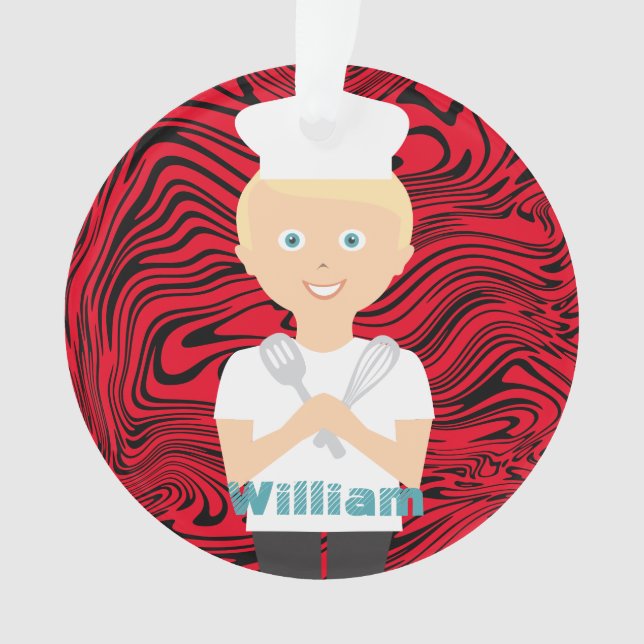 Blonde boy chef hat cooking baking personalised ornament (Front)