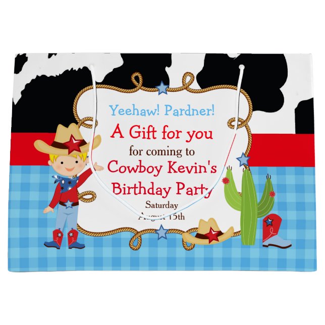Blonde Boy Cowboy Western Birthday Thank You Large Gift Bag (Front)