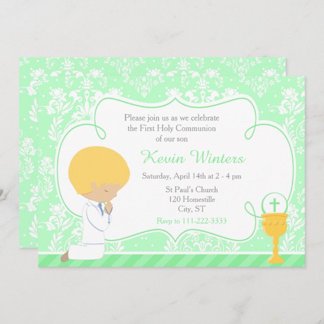 Blonde Boy First Communion Damask Invitation (Front/Back)