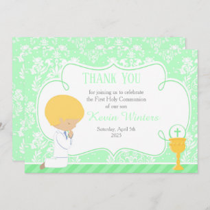 Blonde Boy First Communion Damask Thank You Card