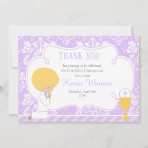 Blonde Boy First Communion Damask Thank You Card