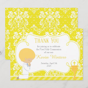 Blonde Boy First Communion Damask Thank You Card