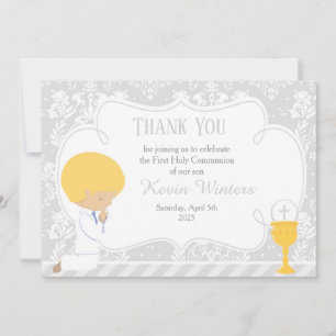 Blonde Boy First Communion Damask Thank You Card
