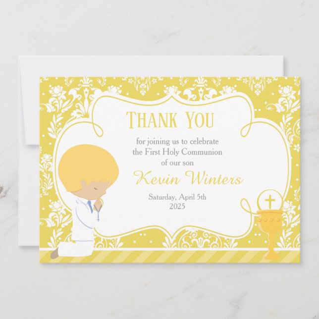 Blonde Boy First Communion Damask Thank You Card (Front)