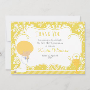 Blonde Boy First Communion Damask Thank You Card
