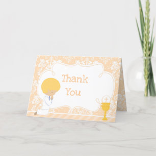 Blonde Boy First Communion Damask  'Thank You' Thank You Card