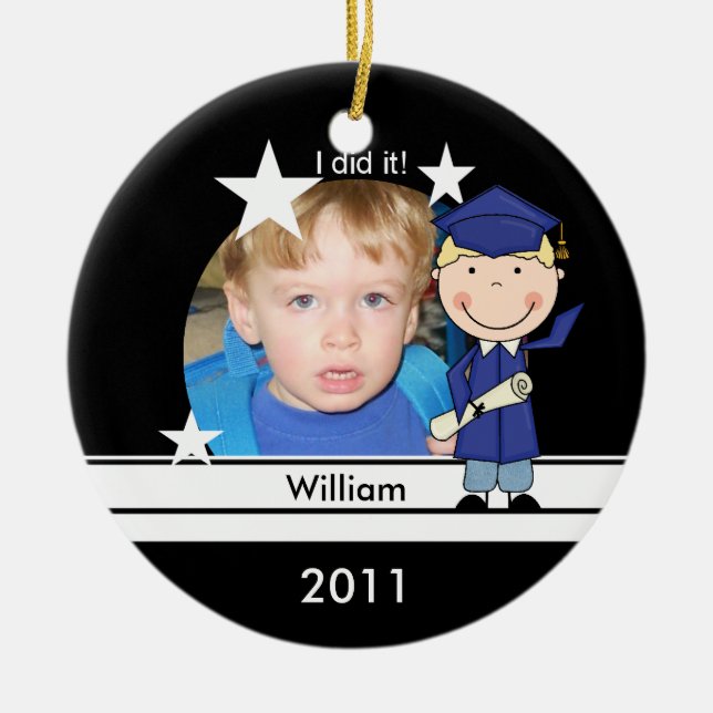 Blonde Boy Graduate Customised Photo Keepsake Ceramic Tree Decoration (Front)