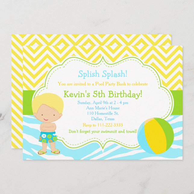 Blonde Boy Pool Party Bash Party Invitation (Front/Back)