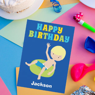 Blonde Boy Swimmer Custom Kids Happy Birthday Card