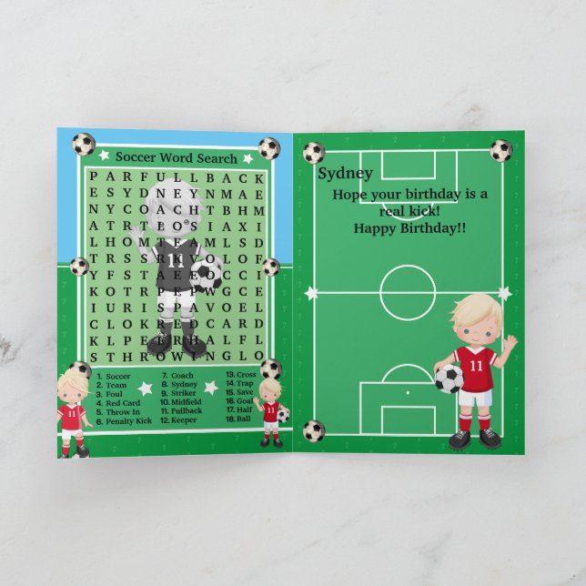 Blonde Boys Soccer Word Search Happy Birthday Card (Inside)