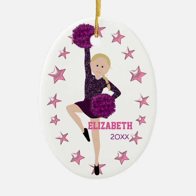 Blonde Braid Pom Squad Personalised Keepsake Ceramic Ornament (Front)